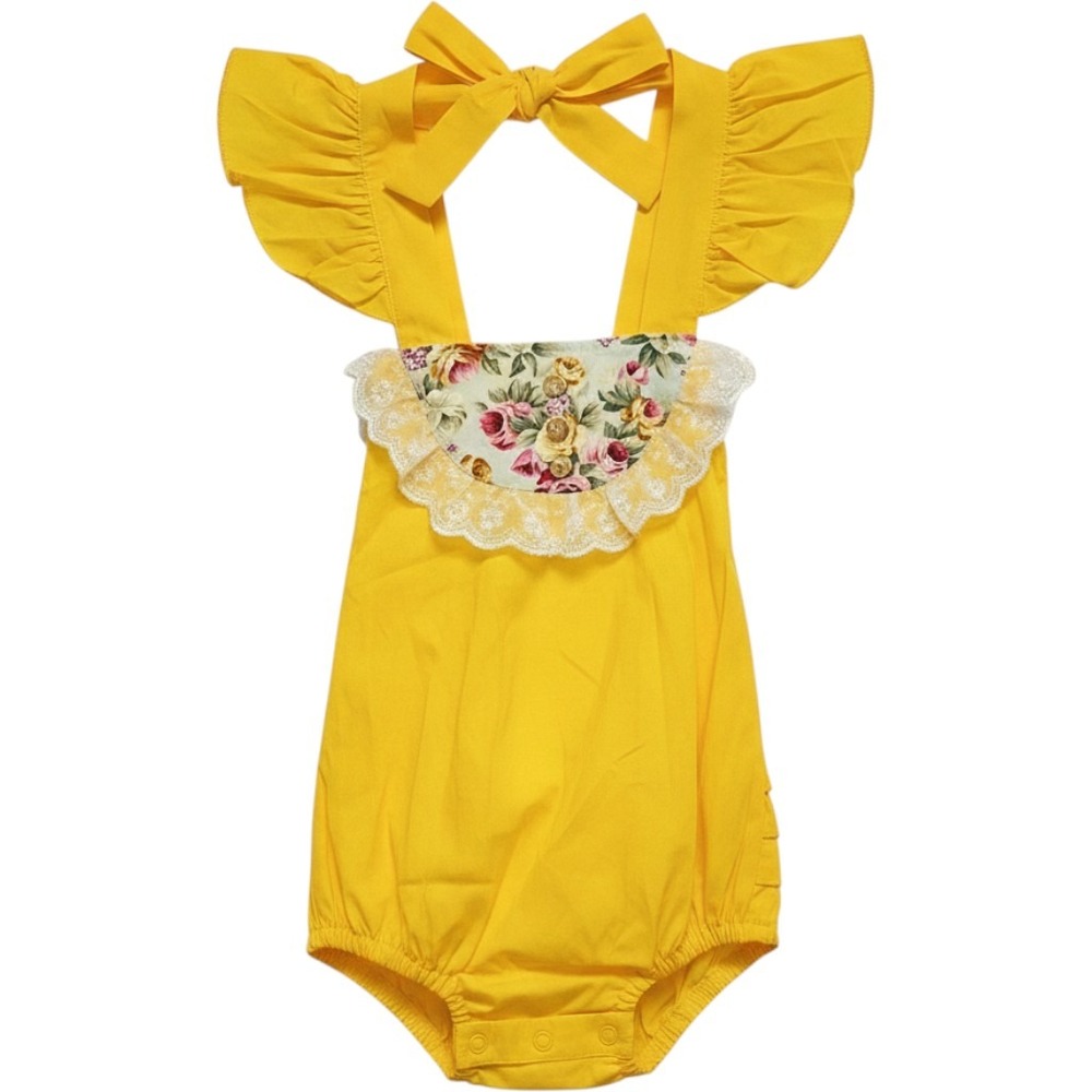 Vintage Style Yellow Ruffle Romper Floral‎ Lace Bib Flutter Sleeve Baby Girl 100